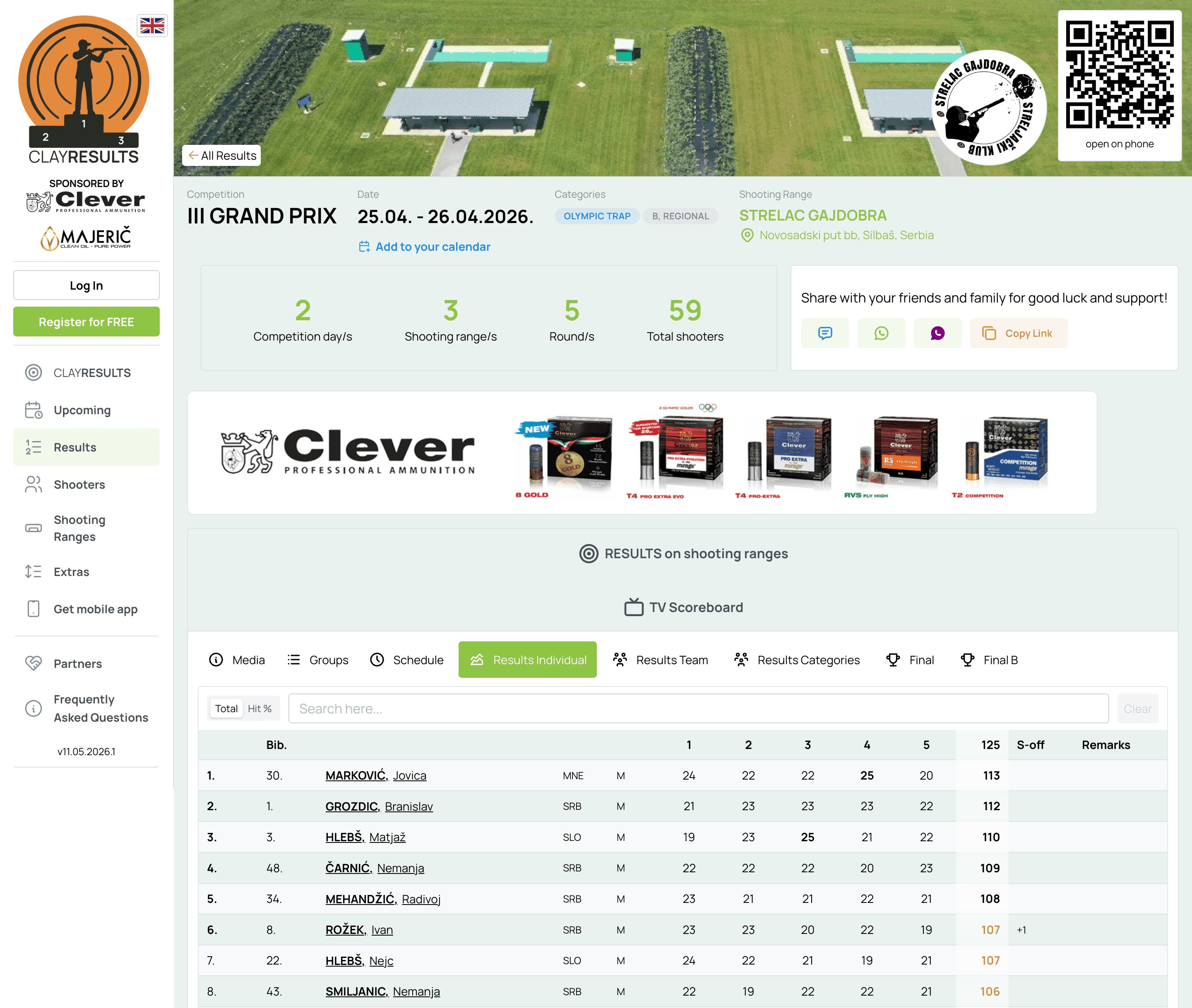 CLAYRESULTS.online competition results page